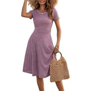 Women Casual Summer Short Sleeve Round Neck Floral Skater Dress with Pockets